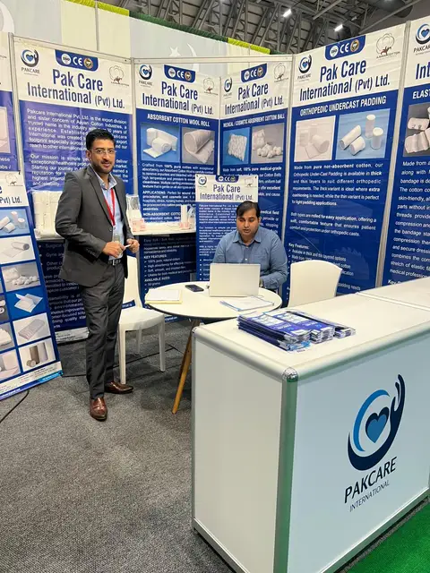 The Pak Care International stand with product banners and brochures